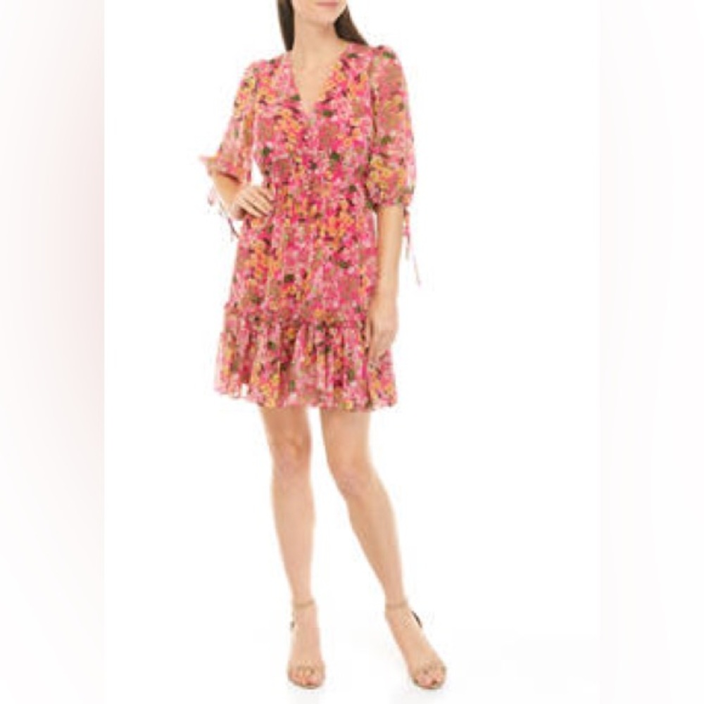 Taylor. Women's Elbow Sleeve Printed Chiffon Midi Dress. Size Large.